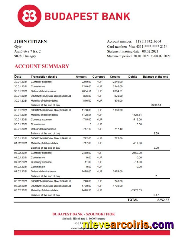 Hungary Budapest Bank – Szolnoki Fiók bank statement easy to fill in .xls and .pdf file format